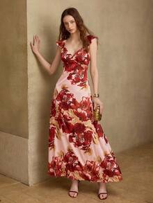 MOTF PREMIUM WOMEN'S SATIN PRINTED LONG DRESS, SPRING/SUMMER - Pink - View 1
