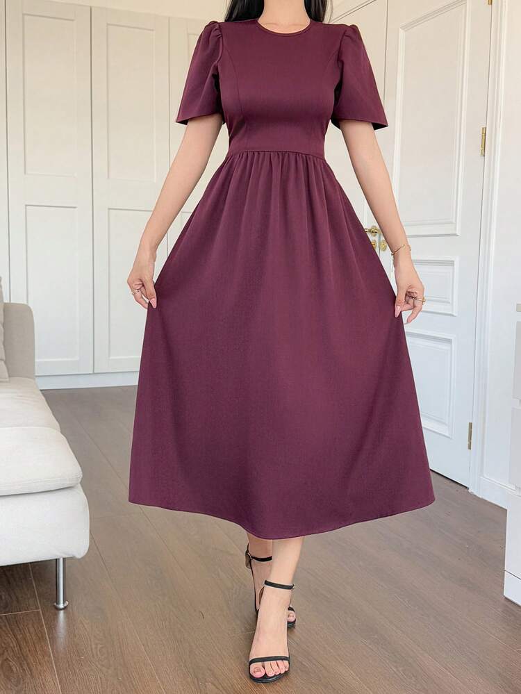 Women's Elegant Solid Color Round Neck Puff Sleeve Tie Waist Mid-Length Dress, Summer,Wedding Guest Dress Women Sundress