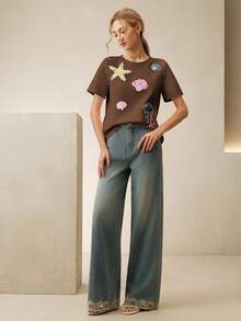 Anewsta Áo thun nữ tay ngắn cổ tròn đính sequin và hạt cườm kiểu dáng thường ngày - Cà phê nâu - Xem 7