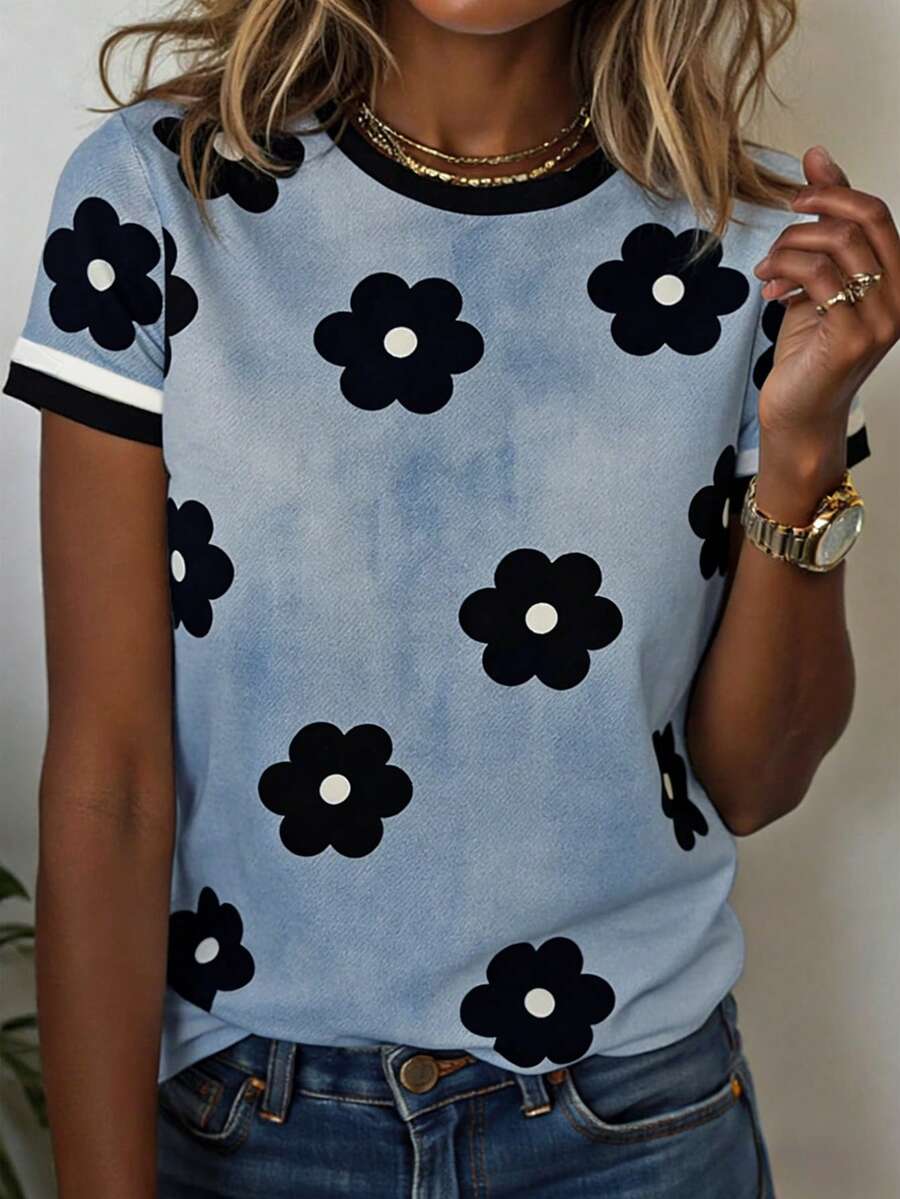 EMERY ROSE Women's Casual Floral Print Round Neck Short Sleeve T-Shirt, Summer - Multicolor - View 1