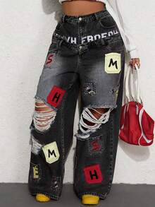 ROMWE Street Life Y2K Casual Street Style Pocket Embroidery Design Dual Waistband Loose Fit Denim Jeans - Black - View 2