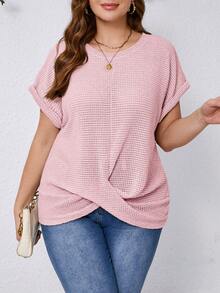 SHEIN Clasi Plus Size Women's Solid Color Round Neck Short Sleeve Casual T-Shirt With Criss-Cross Hem Design - Pink - View 1