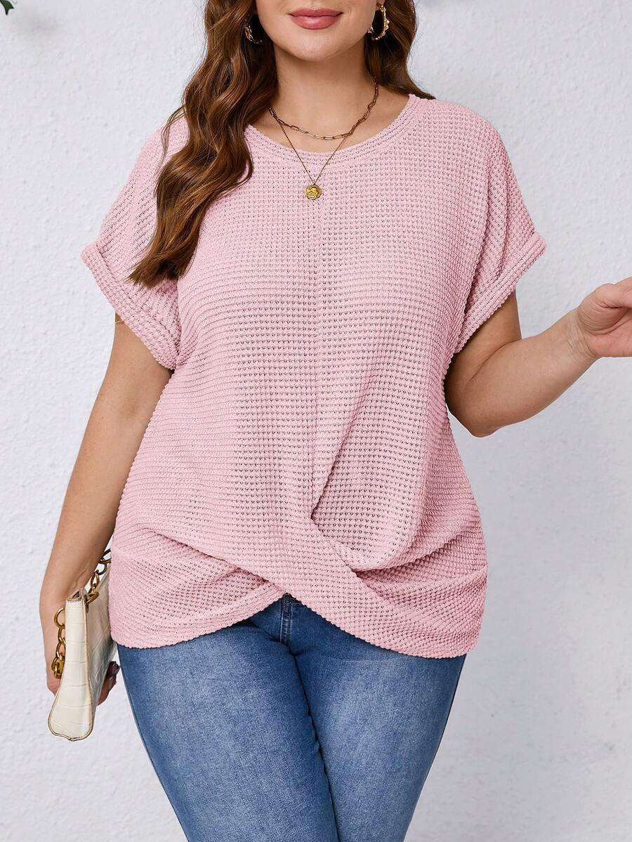 SHEIN Clasi Plus Size Women's Solid Color Round Neck Short Sleeve Casual T-Shirt With Criss-Cross Hem Design - Pink - View 1