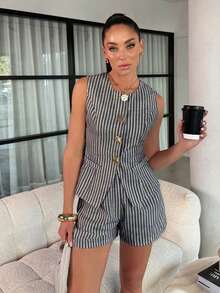 Lavishia 女士夏季休闲条纹背心和短裤两件套 - 黑色 - 查看 1