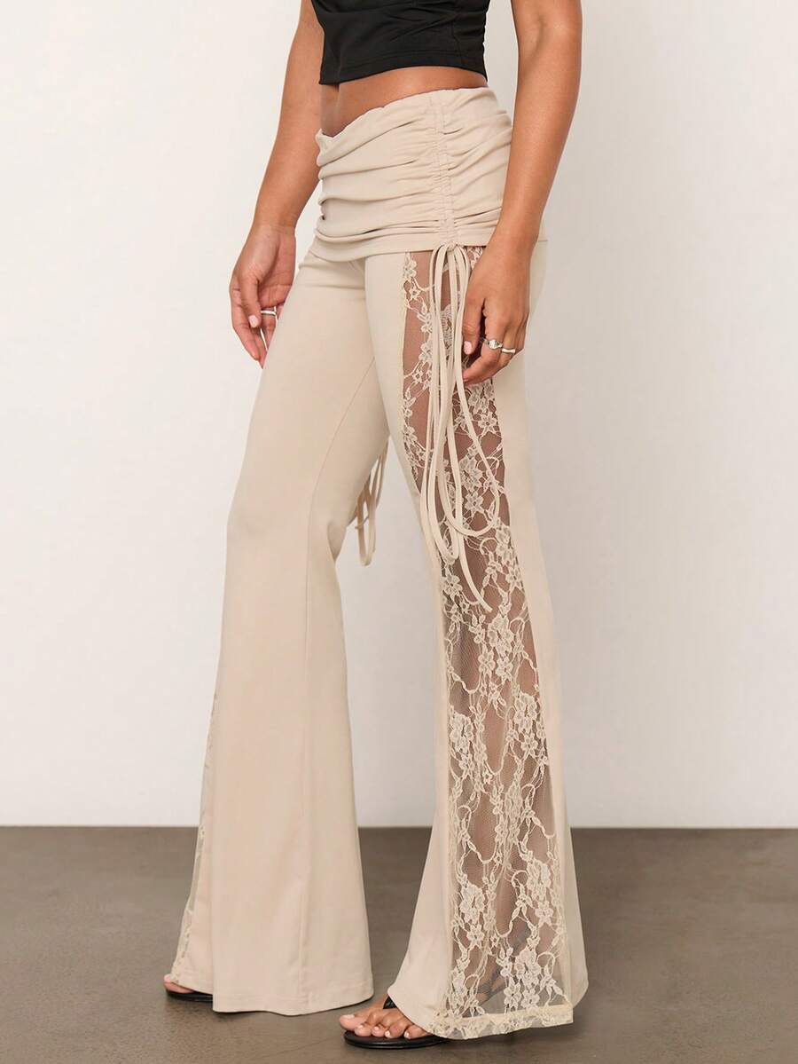 COSMINA Women's Elegant Lace Patchwork Ruched Flare Pants, Early Spring - Apricot - View 1