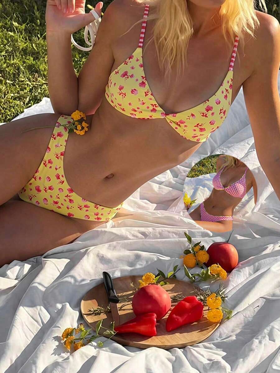 Bộ bikini hai mảnh mùa hè mới của Swim Mod dành cho nữ, có thể mặc hai mặt, họa tiết hoa nhiệt đới và kẻ caro, thanh lịch, lãng mạn, thoải mái, thích hợp cho kỳ nghỉ biển. - Nhiều màu - Xem 1