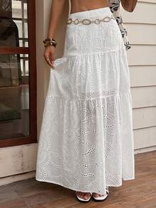 DAZY 白色镂空刺绣沙滩度假休闲半身裙，女士春夏款 - 白色 - 查看 5