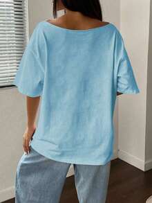 Vaclyn 女士度假风条纹印花宽松露肩T恤 - 藍色 - 查看 2