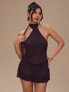 SHEIN BAE Women's Polka Dot Pattern Fashionable Sexy Halter Mini Dress,Summer Dresses For Women - Maroon - View 4