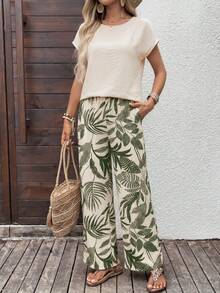 女士纯色纹理短袖T恤和热带植物印花口袋长裤两件套沙滩套装 - 彩色 - 查看 4