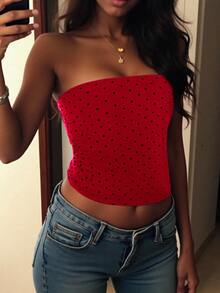 INAWLY Solva Top tubo corto con estampado de lunares para mujer, casual de verano - Rojo - Ver 3