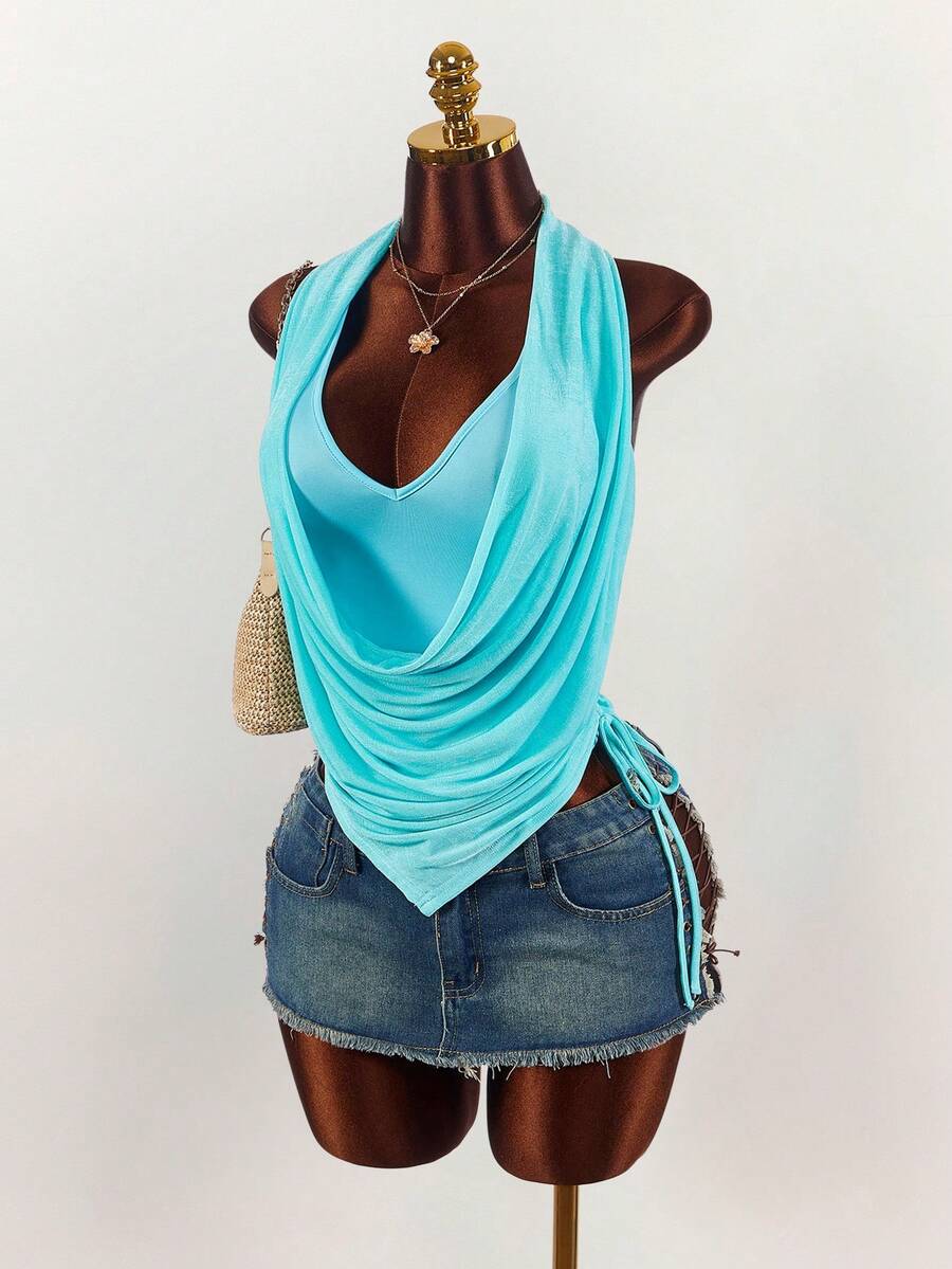 Amplova Blouse femme à col drapé, double couche, avec ourlet asymétrique et fronces sur les côtés - Bleu azur - Voir 1