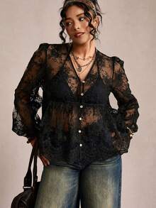 Freevana Blusa holgada de mujer talla grande con mangas farol, transparente y bordada, ideal para vacaciones de primavera/verano - Negro - Ver 7