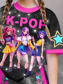 返校季卡通女孩运动风粉黑撞色套装，K-Pop巨星元素，休闲百搭，春日气息，梦幻星空图案，少女休闲简约短袖T恤短裤两件套，适合夏季，打造休闲校园运动风，户外野餐、郊游、街拍、居家、校园穿搭。 - 白色 - 查看 4