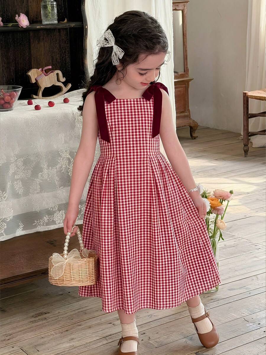SHEIN LMoss Kids 少女休闲优雅格子圆领无袖连衣裙，配有可拆卸蝴蝶结，适合日常穿着。 - 紅白色 - 查看 1
