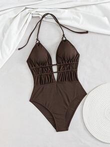 Traje de baño de una pieza elegante con escote en V profundo y cordón fruncido para mujeres Swim Chiccia, adecuado para vacaciones, playa y festivales de música - Café integral - Ver 6