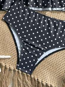 SHEIN Bộ đồ bơi tankini cổ yếm in chấm bi đen trắng dành cho bé gái tuổi teen, trang trí khóa kim loại. - Đen và trắng - Xem 4