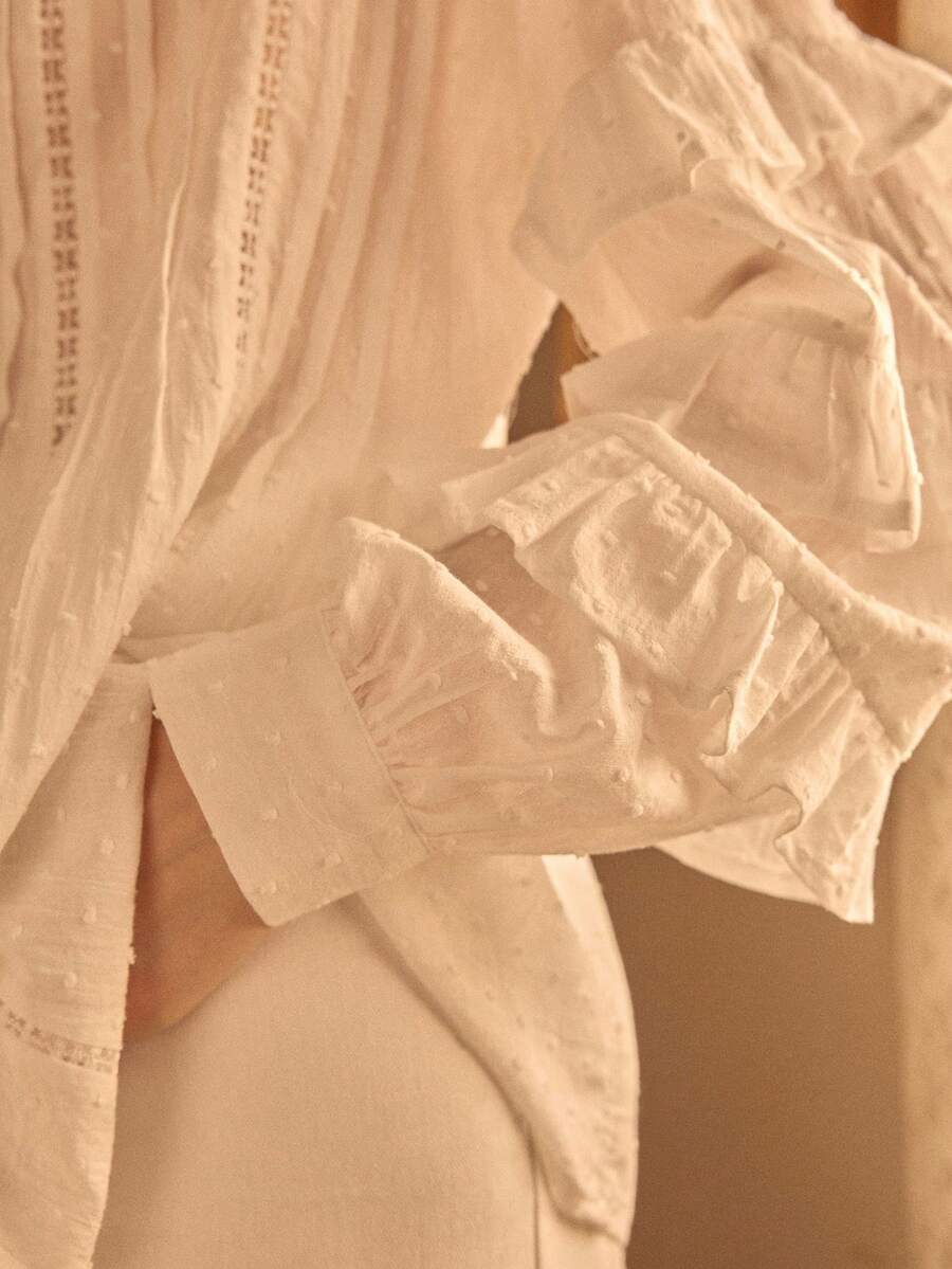 MOTF STUDIO 女士棉质提花荷叶边纽扣衬衫 - 白色 - 查看 2