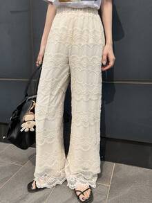 FRIFUL Women's Solid Beige Sheer Lace Fabric Straight Leg Loose Casual Pants Summer - Apricot - View 5