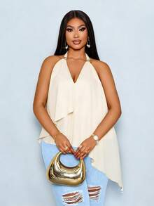 SOLERSUN Plus Size White Summer Elegant Sequin Date Night Halter Neck Metal Bead V-Neck Ruffle Layered Asymmetrical Hem Babydoll Shirt,Backless Classy Tops - Apricot - View 4