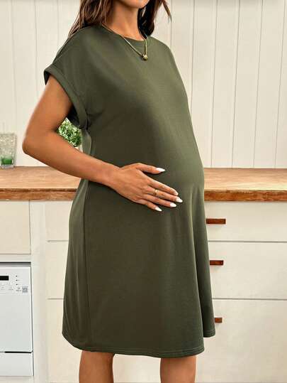 SHEIN Đầm bầu màu trơn cổ tròn tay cánh dơi kiểu dáng thường ngày