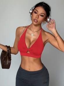 Slayform Women's Solid Color Twist Strap Comfortable Breathable Hollow Out Sports Bra - Red - View 3