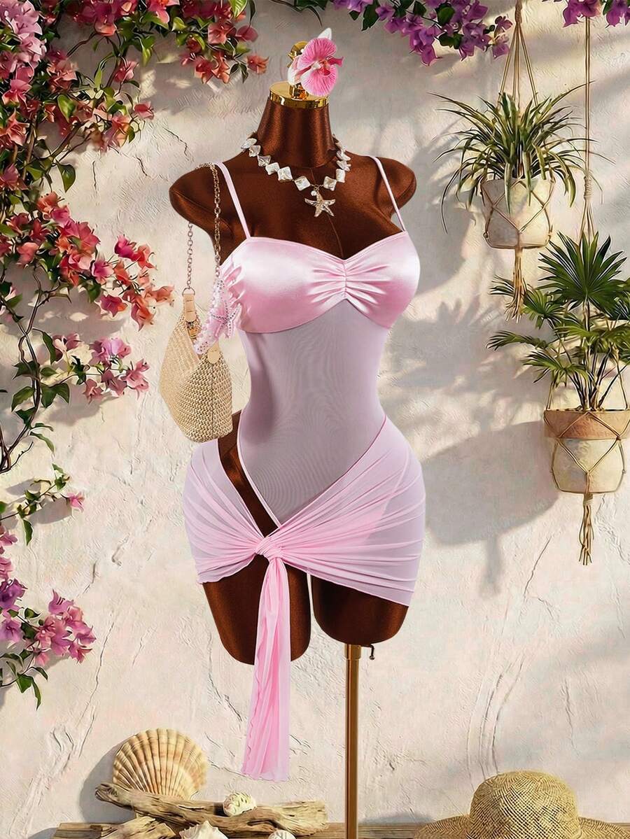 Amplova Bộ đồ bơi liền thân 2 mảnh dành cho nữ kèm áo khoác ngoài, kiểu dáng gợi cảm, màu hồng quyến rũ. - Hồng - Xem 1