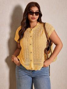 Elaquor 大码休闲手工针织3D立体花卉蝙蝠袖开衫 - 黃色 - 查看 5