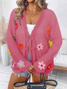 Breezaya Plus Size Women Solid Color Knitted V-Neck Hollow Floral Decor Long Sleeve Regular Elegant Vacation Spring/Summer Lightweight Cardigan - Watermelon Pink - View 4