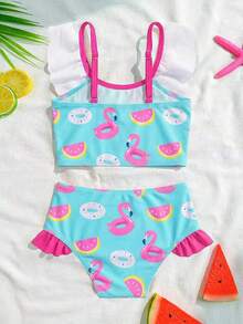 2pcs Baby Girls' Flamingo & Donut & Fruit Print Patchwork Collar Double Layer Solid Color Ruffle Hem Shorts Beach Swimsuit Set - Multicolor - View 2