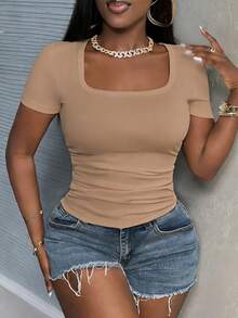 Slaydiva Plus Size Women's Solid Color Square Neck Short Sleeve Casual T-Shirt - Khaki - View 5