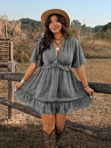 Ceyna Đầm voan họa tiết hoa nhí kiểu Pháp thanh lịch, cổ chữ V, xếp ly, thích hợp mặc thường ngày cho nữ, thích hợp cho mùa xuân/hè. - màu đen - Xem 3