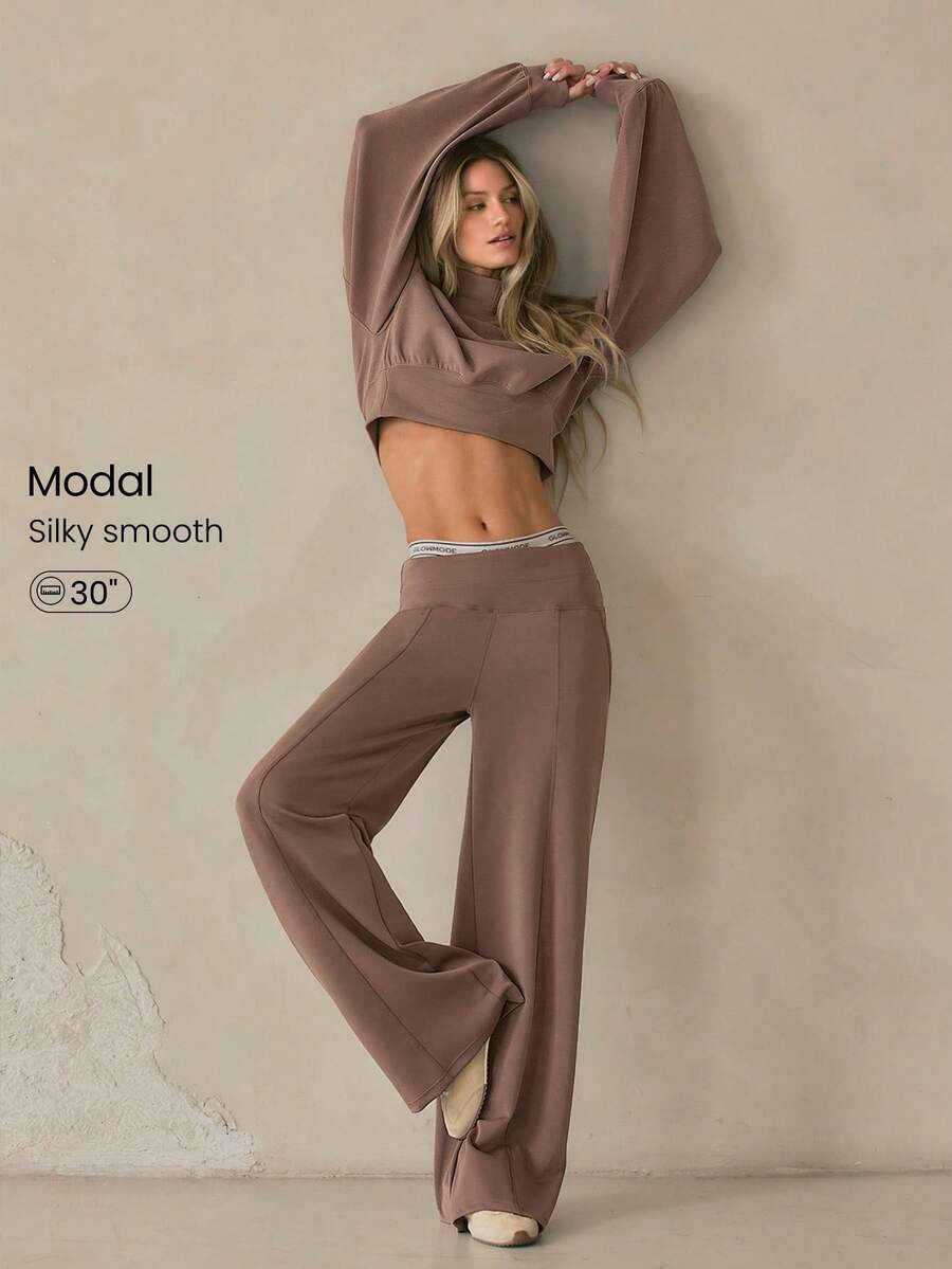 GLOWMODE Pantalones de salón de pierna ancha de cintura alta con toque de seda modal y bolsillos laterales para uso diario y casual en otoño e invierno - Warm Clay - Ver 1