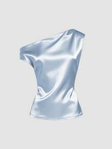 Sweetra 新款春夏女装设计感十足的高街时尚度假复古纹理简约修身不对称肩部衬衫 - 藍色 - 查看 2