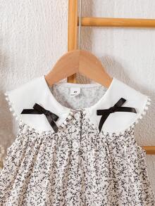 SHEIN Elladie kids Đầm mùa hè cho bé gái, họa tiết hoa nhí dễ thương, nơ ren, cổ Peter Pan, dáng suông, thích hợp mặc hàng ngày, đi nghỉ mát, đi làm, và mang đến vẻ ngoài thanh lịch. - Nhiều màu - Xem 5