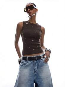 LYSMO Áo tank top không tay cổ tròn khoét rỗng màu nâu cà phê kiểu dáng tối giản mới năm 2026 dành cho nữ, thích hợp cho mùa xuân/hè. - Cà phê nâu - Xem 3