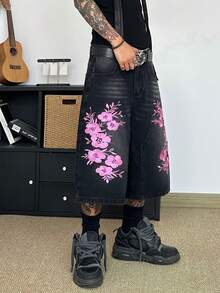 STEELVANCE 男士休闲街头时尚复古百搭铆钉猫须刺绣宽松阔腿牛仔短裤 - 黑色 - 查看 4