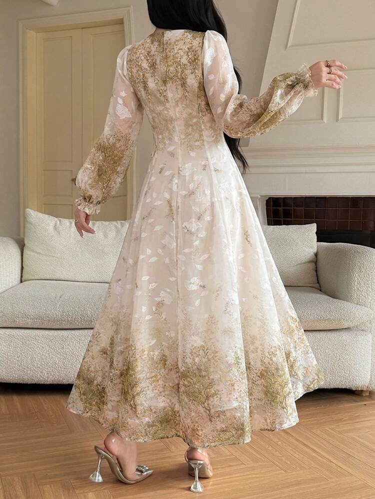 Women's Elegant Floral Petal Sleeve V-Neck Mid-Length Dress, Spring/Summer