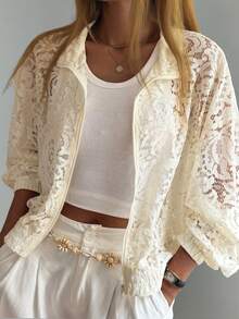 DAZY Áo khoác cardigan ren nữ kiểu dáng thường ngày, áo khoác ngoài nhẹ cho mùa xuân và mùa hè. - Màu be - Xem 4