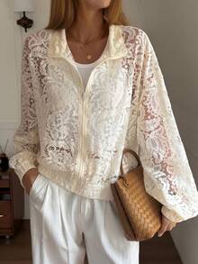 DAZY Áo khoác cardigan ren nữ kiểu dáng thường ngày, áo khoác ngoài nhẹ cho mùa xuân và mùa hè. - Màu be - Xem 8