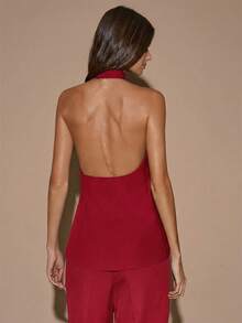 Blusa elegante de color café sólido con cuello halter sin espalda para mujer, top elegante, top con estilo de envoltura cruzada, otoño/invierno - Rojo - Ver 2