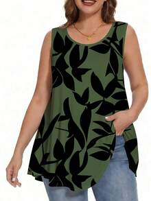 SHEIN LUNE Chaleco sin mangas de gran tamaño con patrón de hojas de color contrastante - Multicolor - Ver 3