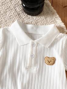 SHEIN Unisex Baby White Ribbed Polo Neck T-Shirt, Suitable For All Occasions In Summer, White All-Match Versatile Is The Best Choice For Baby In Summer - White - View 4