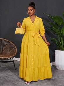SHEIN CURVE+ 大码女士优雅V领纽扣前襟长袖系带连衣裙，层叠荷叶边下摆，秋季女装长款 - 黃色 - 查看 4