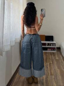 StreetHx Women's Fashion Casual Low Waist Striped Wide Leg Cropped Jeans - Dark Wash - View 2