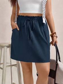Zelara Váy nữ cỡ lớn cạp chun, viền bèo nhún, có túi - Màu xanh hải quân - Xem 3