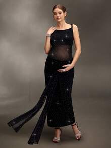 Cheriluna Maternity Asymmetrical Neckline Sheer Mesh Rhinestone Decor Fitted Maternity Dress For Photoshoot - Black - View 4