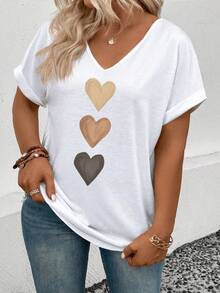 EMERY ROSE Women's V-Neck Turnover Cuff, Ombre Heart Print Casual Versatile T-Shirt, Spring/Summer - White - View 6