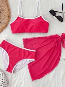 SHEIN 少女沙滩度假泳装套装，含罩衫和迷你裙 - 玫紅色 - 查看 7