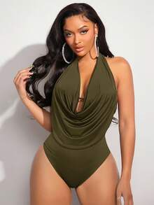 SHEIN PETITE CURVE Women's Plus Size Draped Front Backless Halter Bodysuit - Army Green - View 6